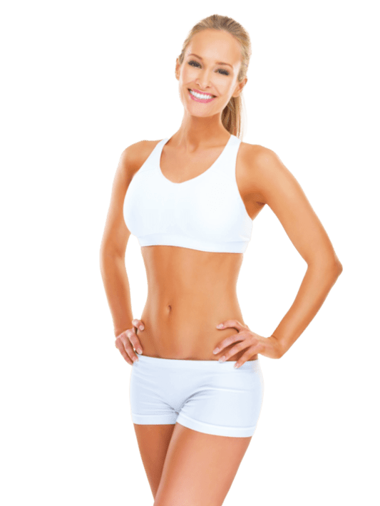 Young blonde woman smiling and posing while wearing white sports bra and shorts | Urinary Incontinence